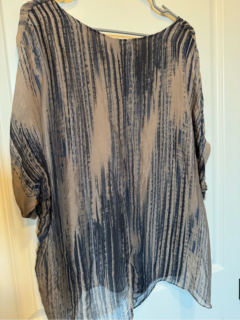 Tempo Paris Taupe and Blue Striped Silk Poncho Lined with Sequin Trim. - Picture 4 of 11